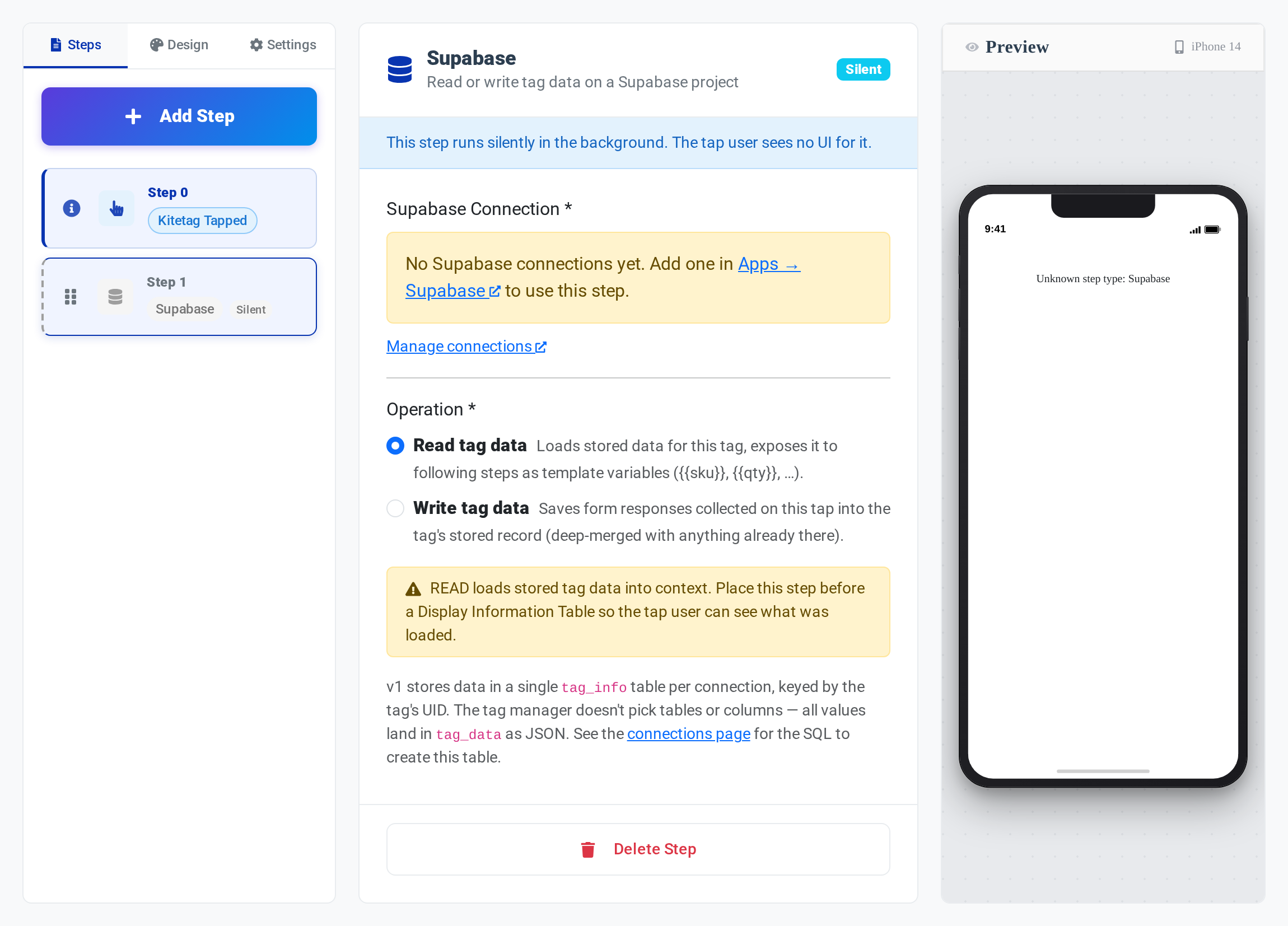 The Supabase step configuration panel in the Kitetags Interaction Builder, showing the Supabase Connection prompt, Read tag data / Write tag data operation options, and an explanatory note about the tag_info table