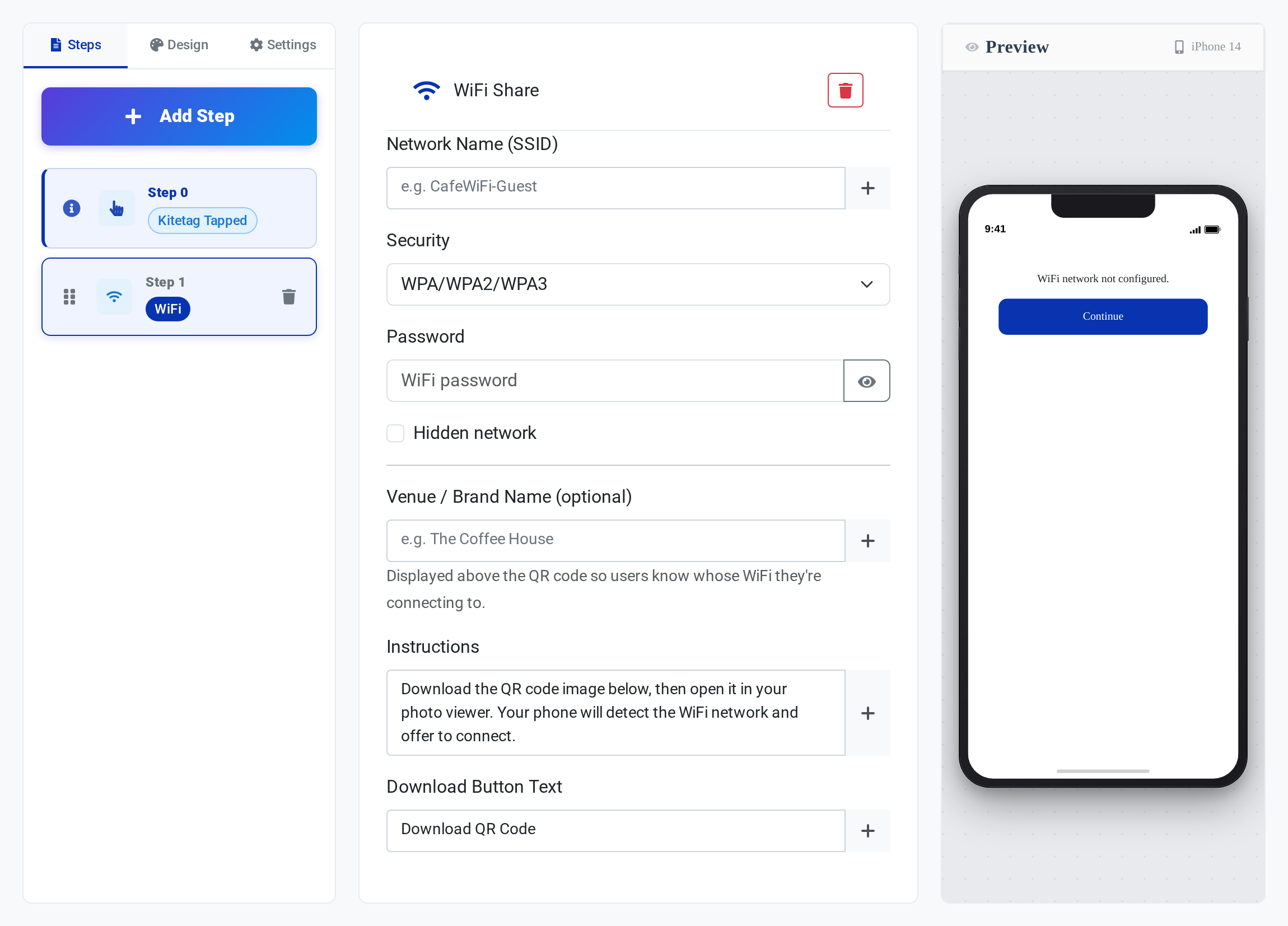 The WiFi Share step configuration panel in the Kitetags Interaction Builder, showing Network Name, Security, Password, Hidden network, Venue name, Instructions, and Download Button Text fields, with a live iPhone preview