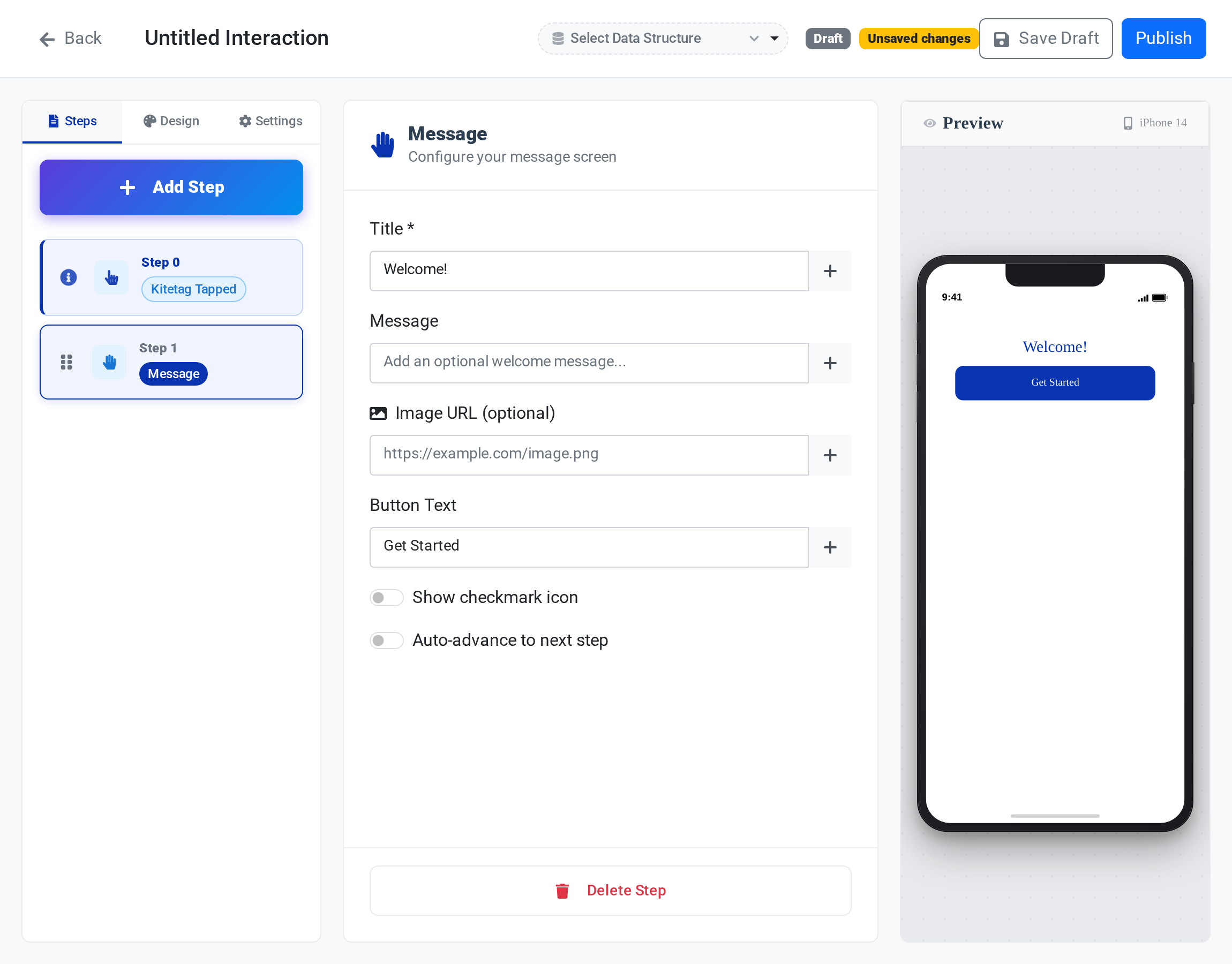 The Kitetags Interaction Builder showing the Steps panel with Step 0 Kitetag Tapped and a Message step, the Message configuration panel, and a live iPhone preview